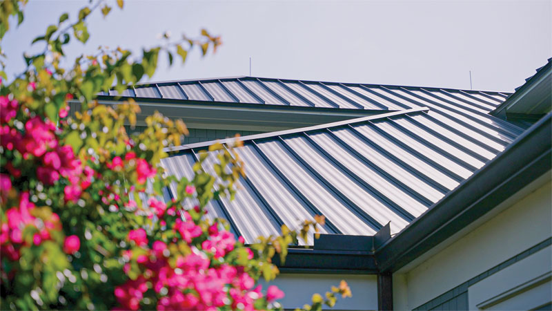 Corner of metal roof edge as viewed from below the home near garden